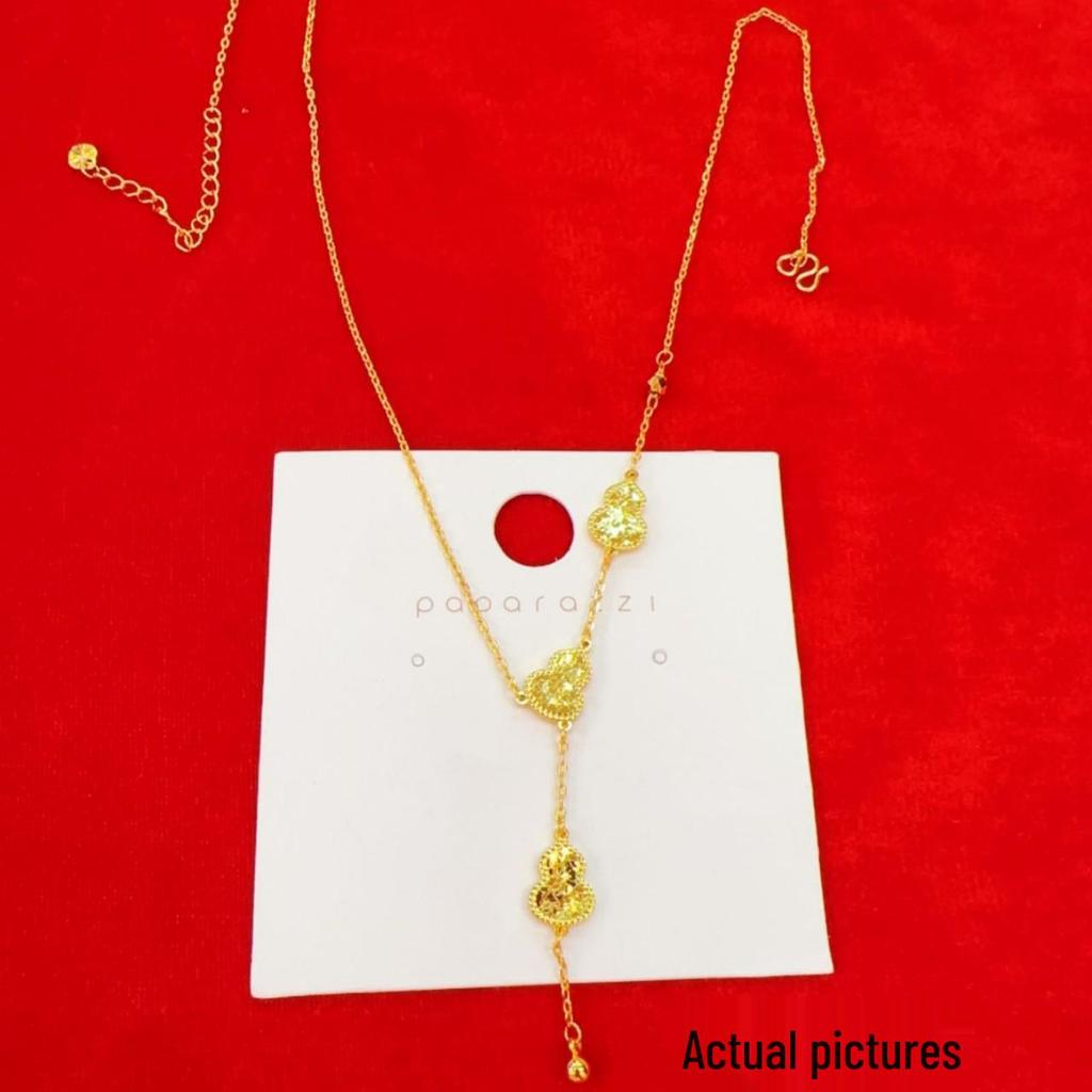 Golden CNC Double Fortune Gourd Jewelry Set: Crushed Ice Necklace, Bracelet, Double-Sided Pendant