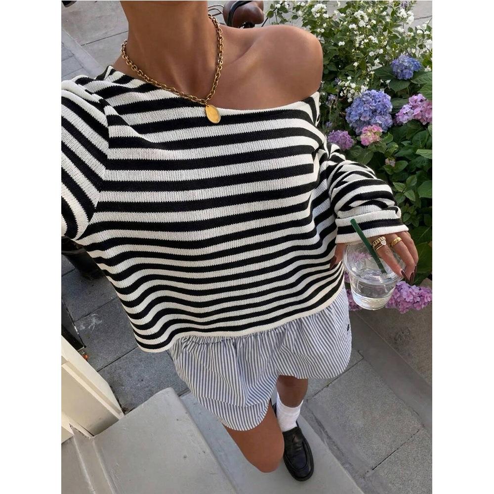 Women Striped Off Shoulder Long Sleeve Loose Knit Top S