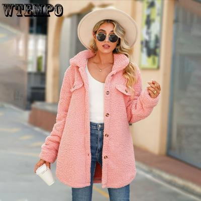 Fall and Winter Season Women's Lapel Long Sleeve Loose Placket Fake Pockets Long Plush Jacket