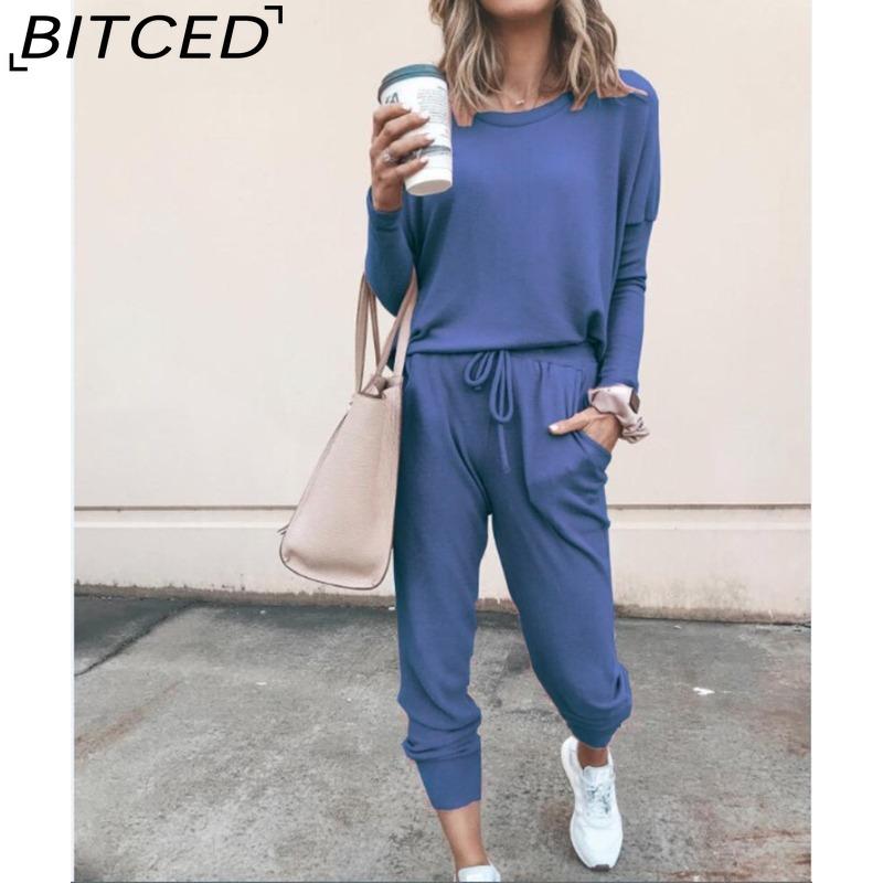 BITCED Spring and Autumn Women's Loose Solid Colour Long Sleeve Long Pants Casual Suit