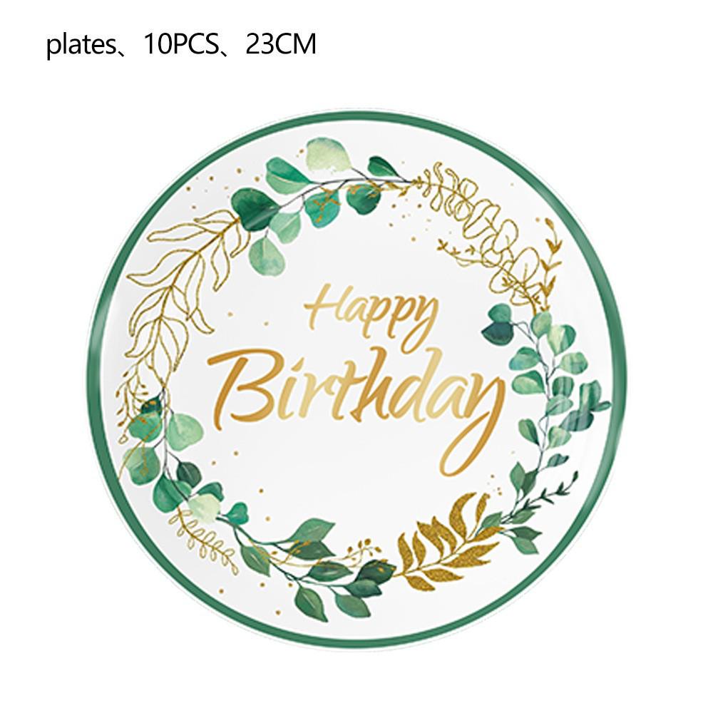 Eucalyptus Leaf Party Tableware: Napkins, Cups, Tablecloth, Cutlery, and Flags for Birthday Celebrations.