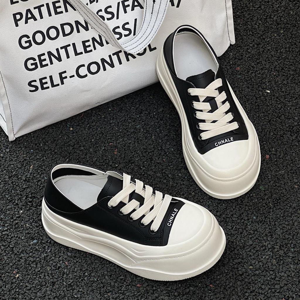 European muffin thick-soled leather big-headed bread shoes women's 2025 new muffin shoes versatile height-increasing casual shoes