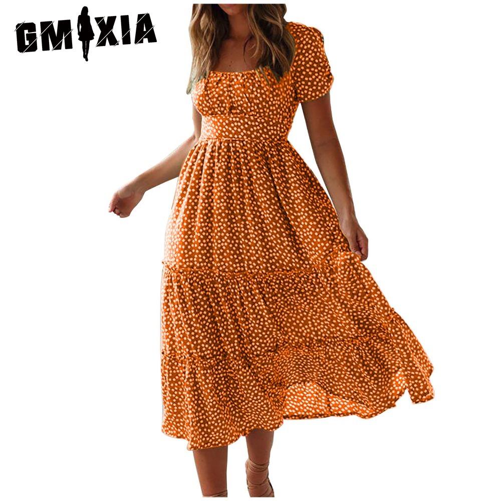 GMXIA Summer Love Polka Dot Dress Women Casual A-Line Short Sleeve Square Collar Ruffle Midi Dress Chiffon Red Black Blue Green