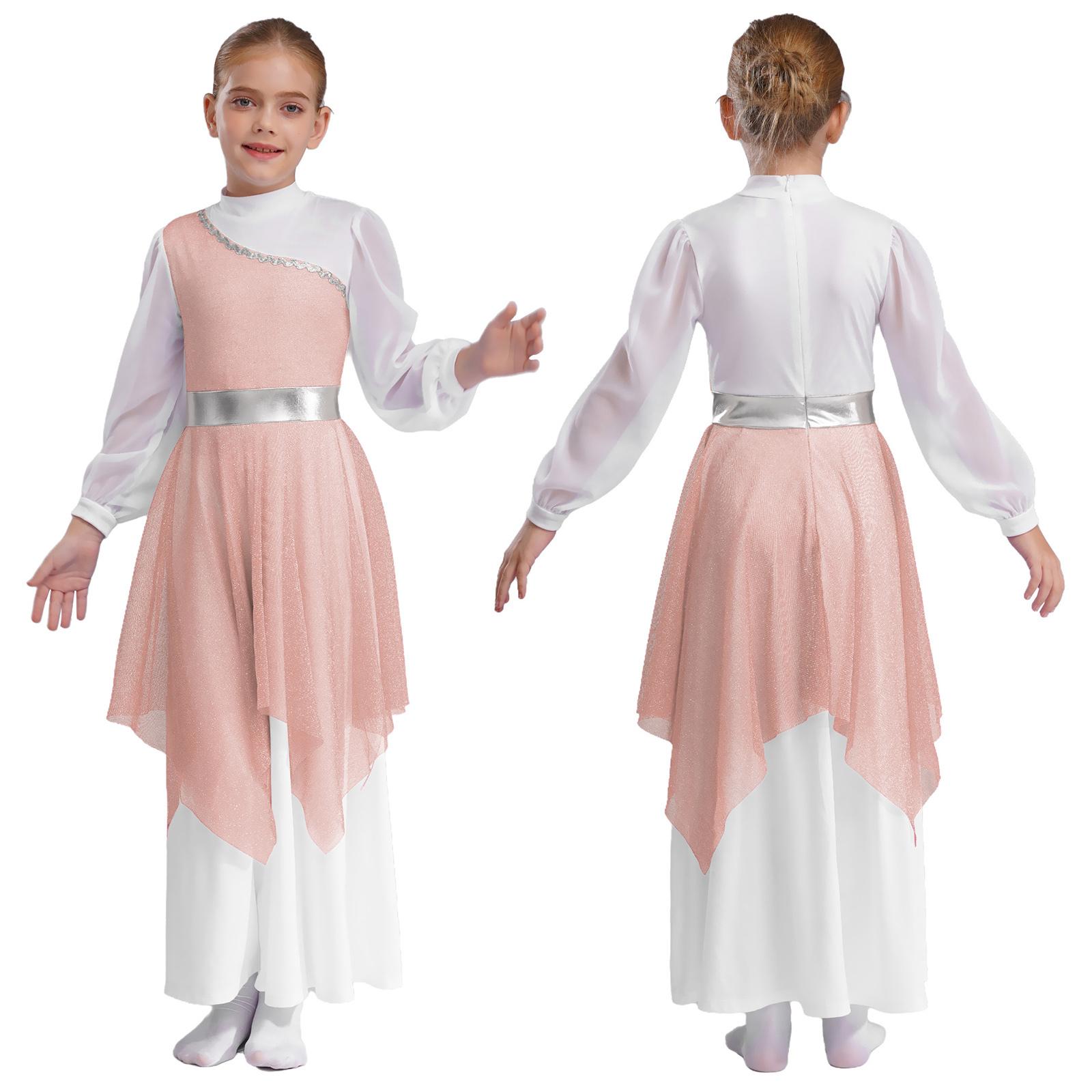 

Дівчача сукня для виступів, богослужінь, з довгим рукавом, з коміром-стійкою, сітчастими вставками, хвилястою обробкою, нерівним подолом