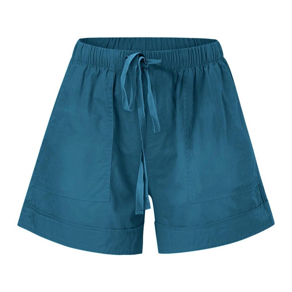 Womens Lake Blue Comfy Drawstring Loose Shorts Pants Straight LOOSE FIT Lady Pants with Pocket Summer  Wide Leg Females Shorts