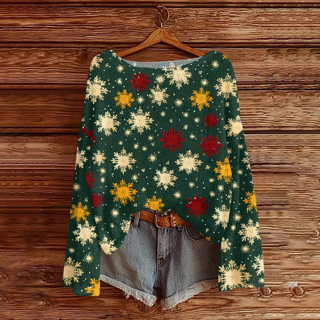 Maglia da donna alla moda a girocollo a maniche lunghe con stampa natalizia casual