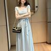 French Blue Square Neck Short-sleeved Dress, Women's Summer New Models, Popular This Year, Waist Pinch Dress