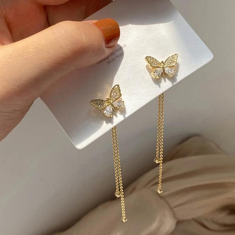 New CZ Crystal Butterfly Gold Color Chain Tassel Long Drop Earrings for Women Temperament European and American Girl Zircon