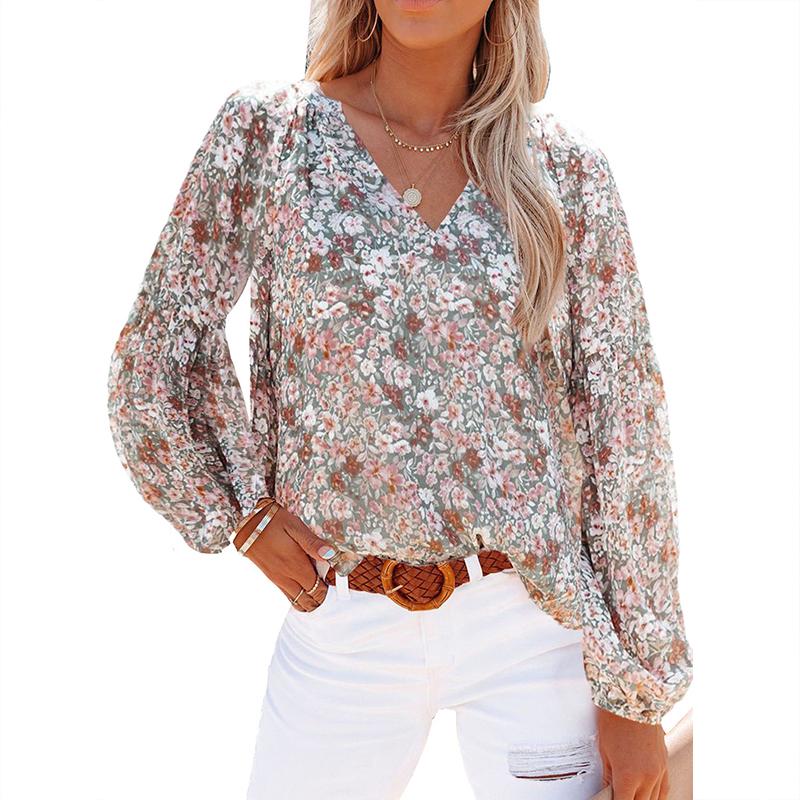 

Autumn New Floral Chiffon Shirt Women s Loose V-neck Long Sleeve Casual Top XXXL