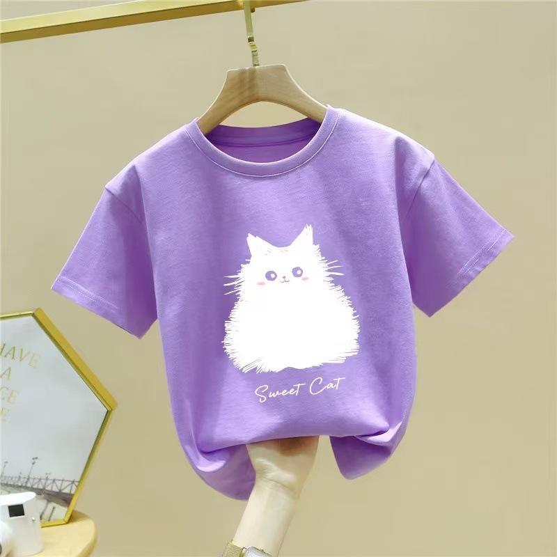 Summer Kids Cotton Short Sleeve T Shirt Cute Cat Print Boys Girls Half Sleeve Top