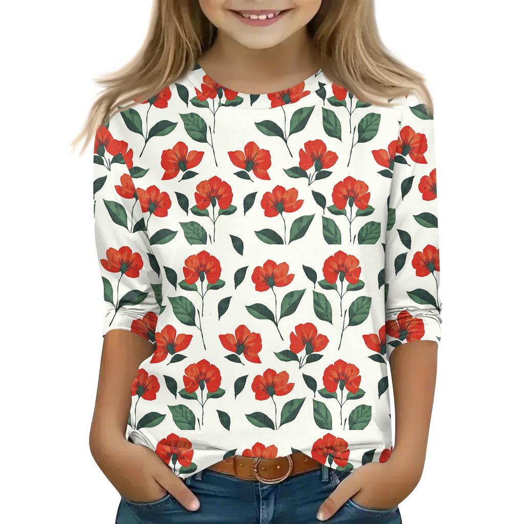 Print Tops For Youth Girls Round Neck 3/4 Sleeves T-Shirts Trendy Tops Outfit Tees