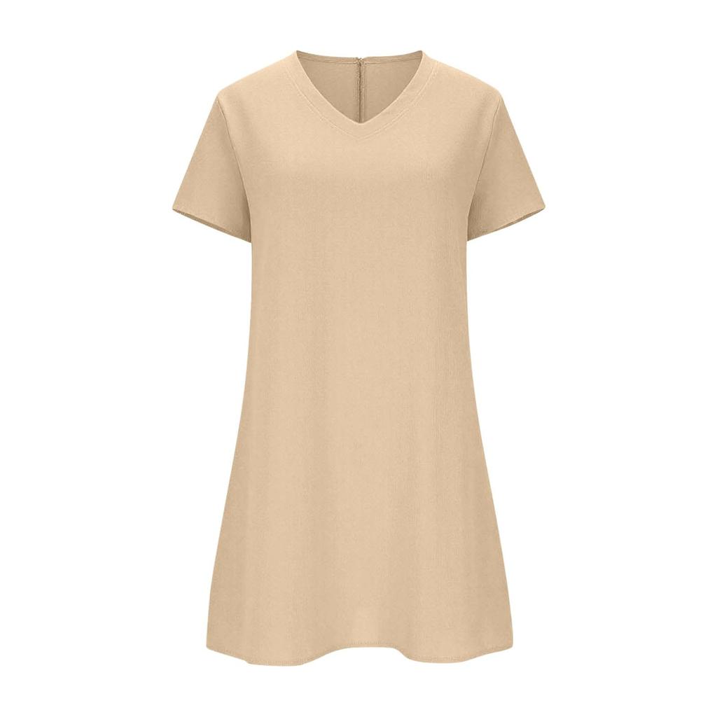 Modisches lässiges Damenkleid mit V-Ausschnitt, kurzen Ärmeln und lockerer Passform aus Baumwoll-Leinen-Mischung