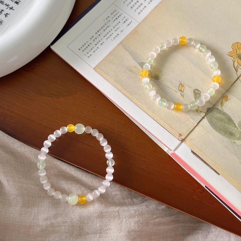 Women's Prehnite Bracelet with White Cat's Eye Stone & Yellow Agate - Simple, Versatile National Style Crystal Jewelry