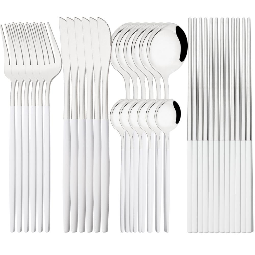 Jankng Western 30Pcs Dinnerware Knife Fork Spoons Chopsticks Cutlery Set High Quality Stainless Steel Set Kitchen Tableware Set