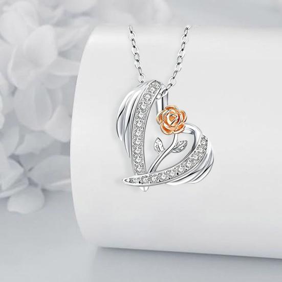 Valentine Day Necklace 3D Rose Heart Pendant Adjustable Length Necklace Clavicle Necklace Cubic Zircon Inlaid Charm Necklace