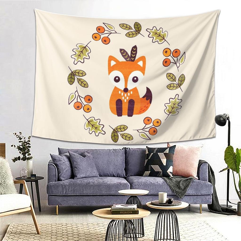 Little Fox With Autumn Berries Tapestry Wall Hanging Aesthetic Home Decoration Tapestries for Dorm Room