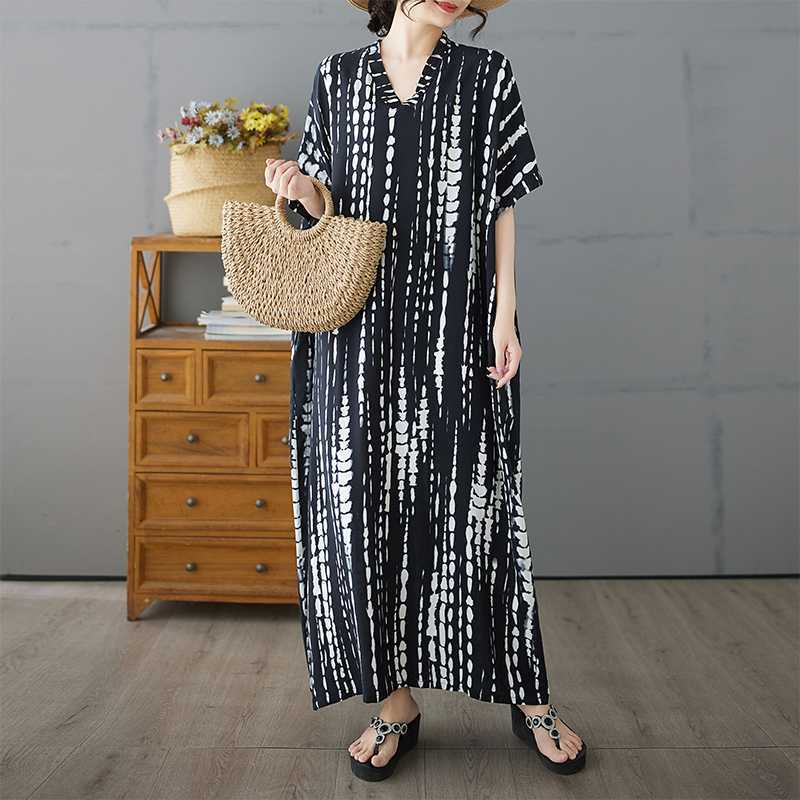 Black Striped Women's Cotton Short Sleeved Long Loose Casual Dress