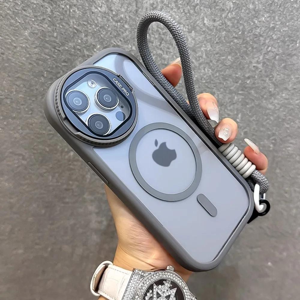 Wrist Strap Magnetic Lens Holder Acrylic Clear Phone Case for IPhone 16 15 Plus 14 13 12 11 Pro Max Shockproof Soft Edge Cover