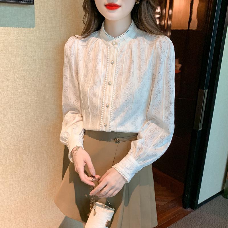 Elegante Moda Mezza Scollatura Camicia Base in Pizzo Donna Primavera e Autunno Temperamento Sottile Blusa a Maniche Lunghe Camicetta Piccola Abiti Personalizzati