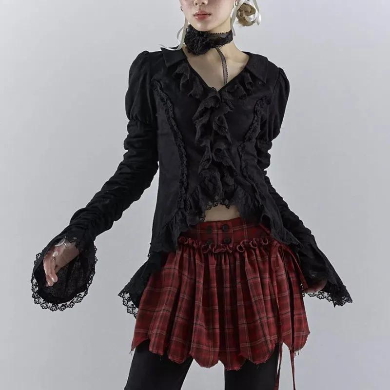 Gothic Black Lace Shirt Dark Aesthetic Irregular Blouses Yamamoto Style Grunge Flare Sleeve V-neck Shirt Vintage Y2k Emo