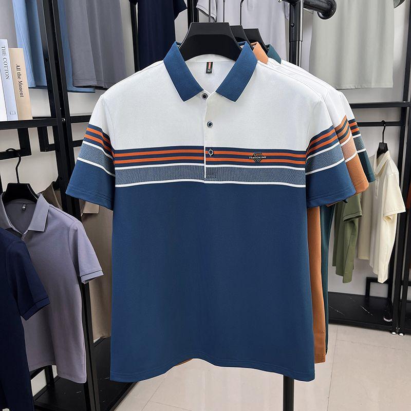 

Men s Color Block Striped Polo Shirt Short Sleeve Business Casual Top Breathable Summer Polo L синий