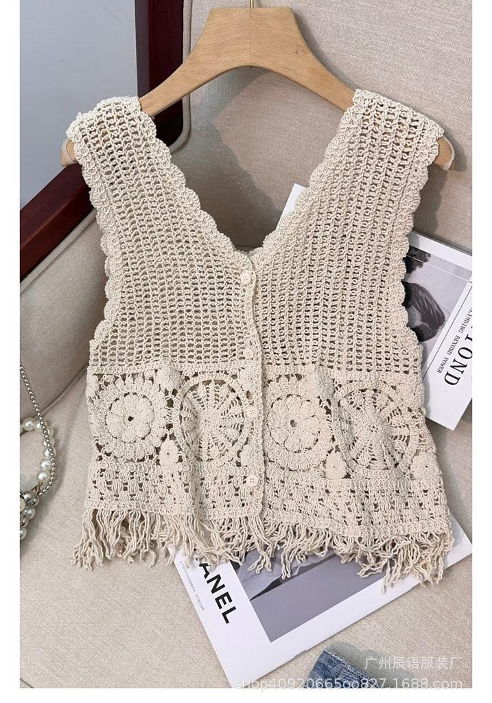 Hollow knitted vest cardigan women's outer wear, new loose short hook-up with shawl top in summer