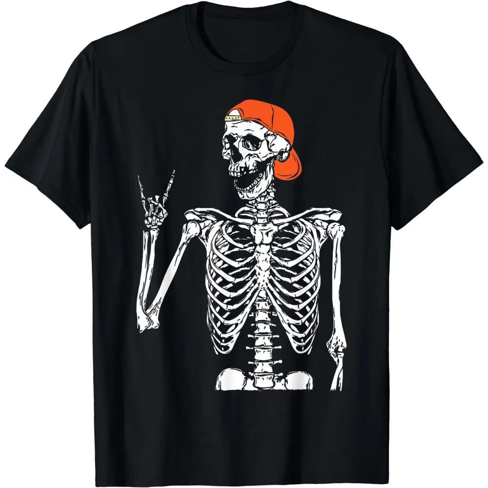 Rocker Skeleton Hand Rock on Costume Funny Halloween Gifts T-Shirt for Men Women Oversized T Shirt Four Seasons  Casual