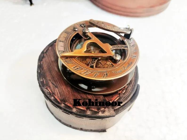 Solid Brass Sundial Compass 2.5" with Leather Case