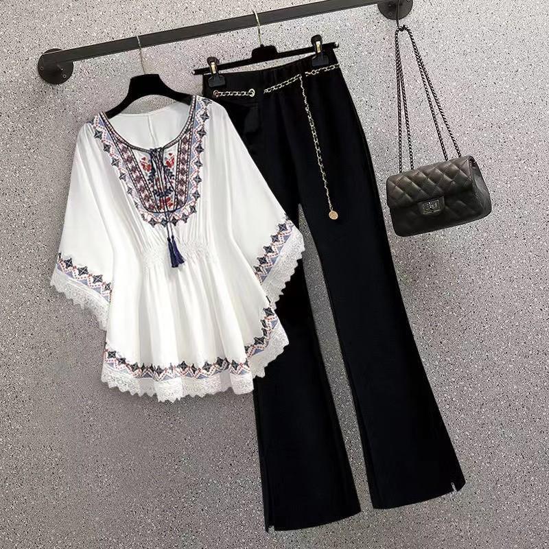 Two Piece Set Fashion Suit Pants Women Spring Autumn Top Temperament Nine Leggings White Black