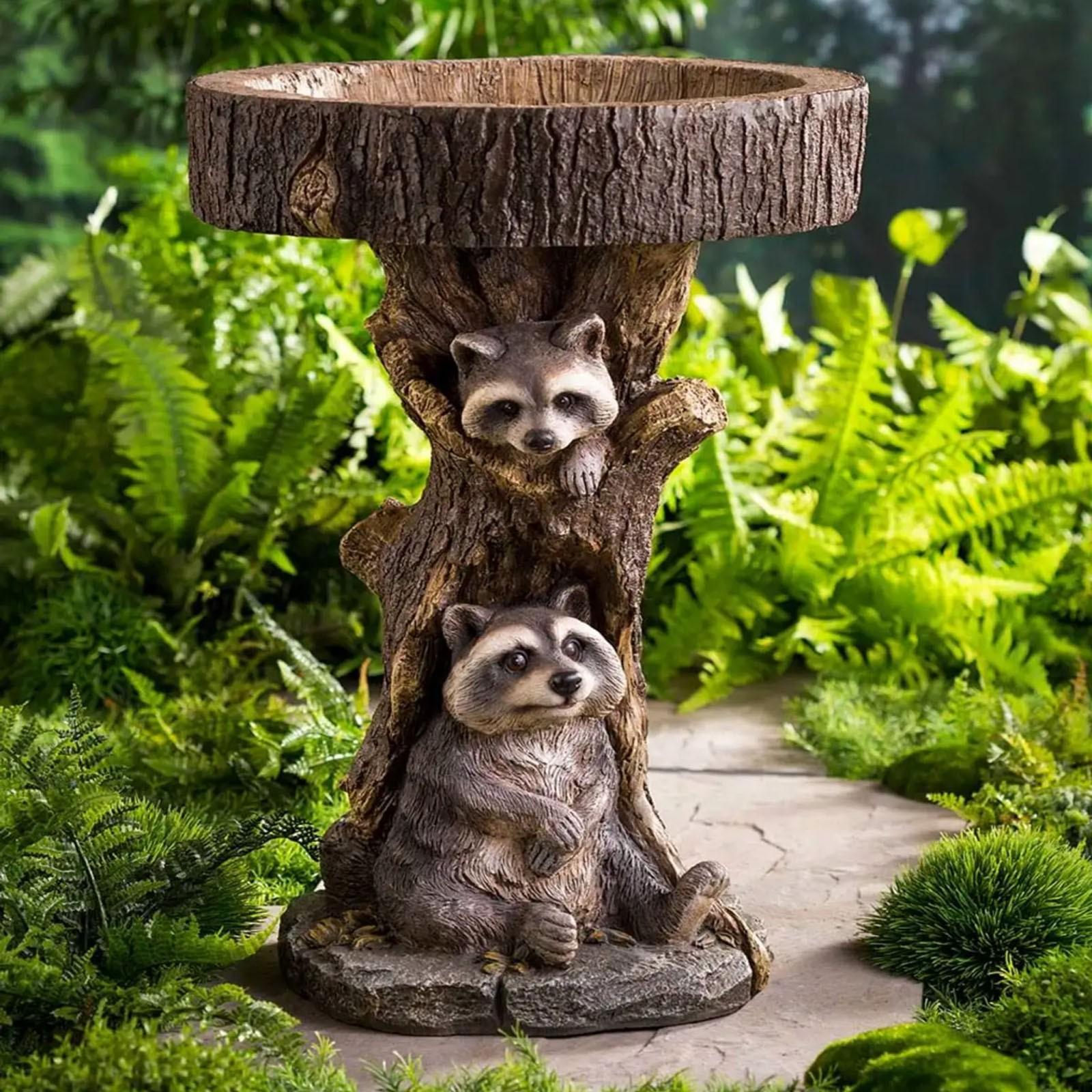 Resin Raccoon Statues Castle Birdbath Polyresin Antique Garden Bird Bath For Garden Yard Decoration Animal Figurines Ornaments Raccoon Statue