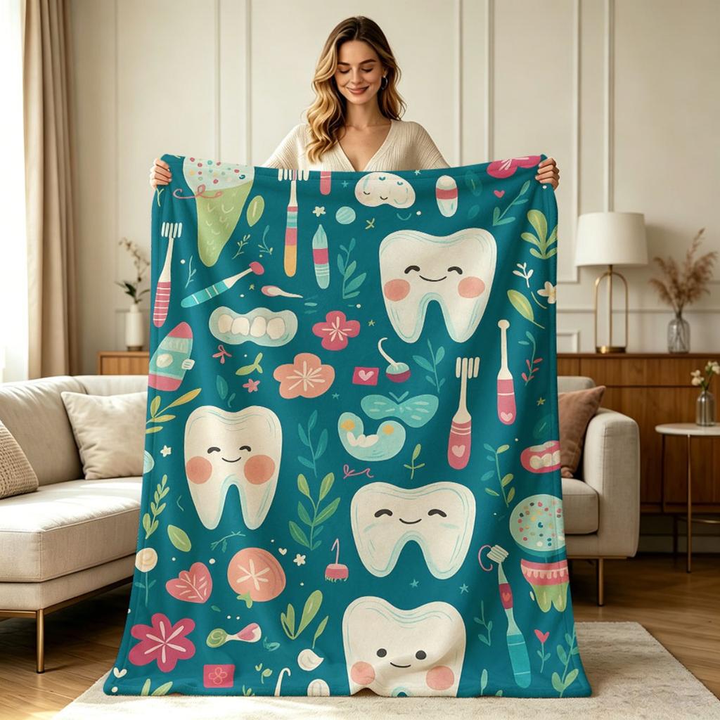 Soft Flannel Throw Blanket with Cute Dental Care Floral Pattern All Season Warm Cozy Lightweight Blanket for Couch Sofa Living Room Bedroom Office Hom
