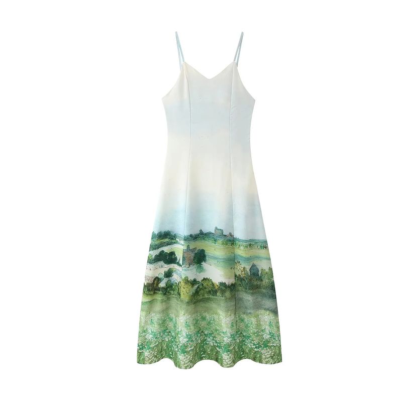 

Летняя Новинка Женская одежда Французский стиль Пасторальный стиль V-образный вырез Без рукавов Приталенное С принтом А-силуэт Длинное платье на бретелях White L
