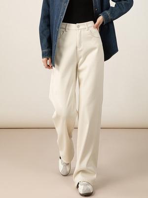 Yi Fei Women's Winter 2025 High-Waisted Beige Straight-Leg Wide Pants with Plus Velvet