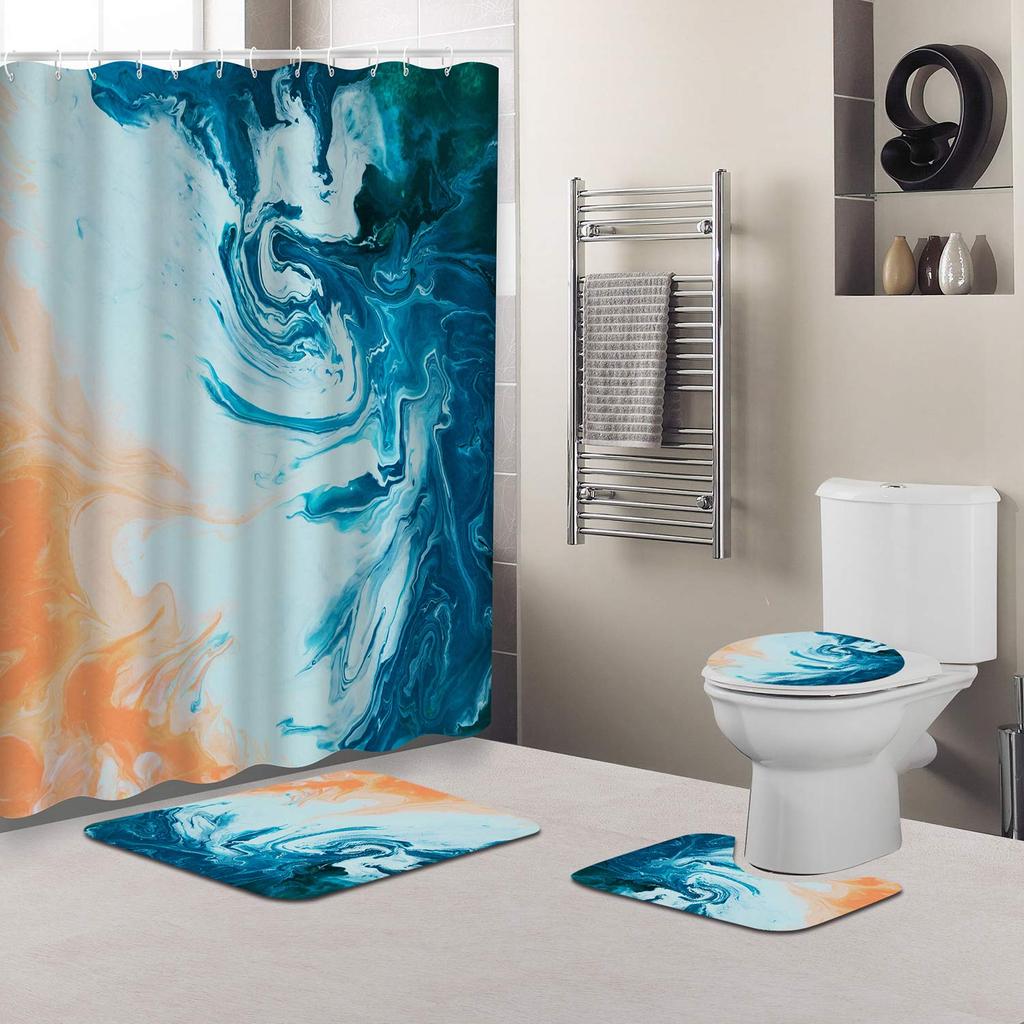 Watercolor Multi-Color Flowers Shower Curtain Sets Non-Slip Rug Toilet Lid Cover Bath Mat Waterproof Abstract Bathroom Curtains