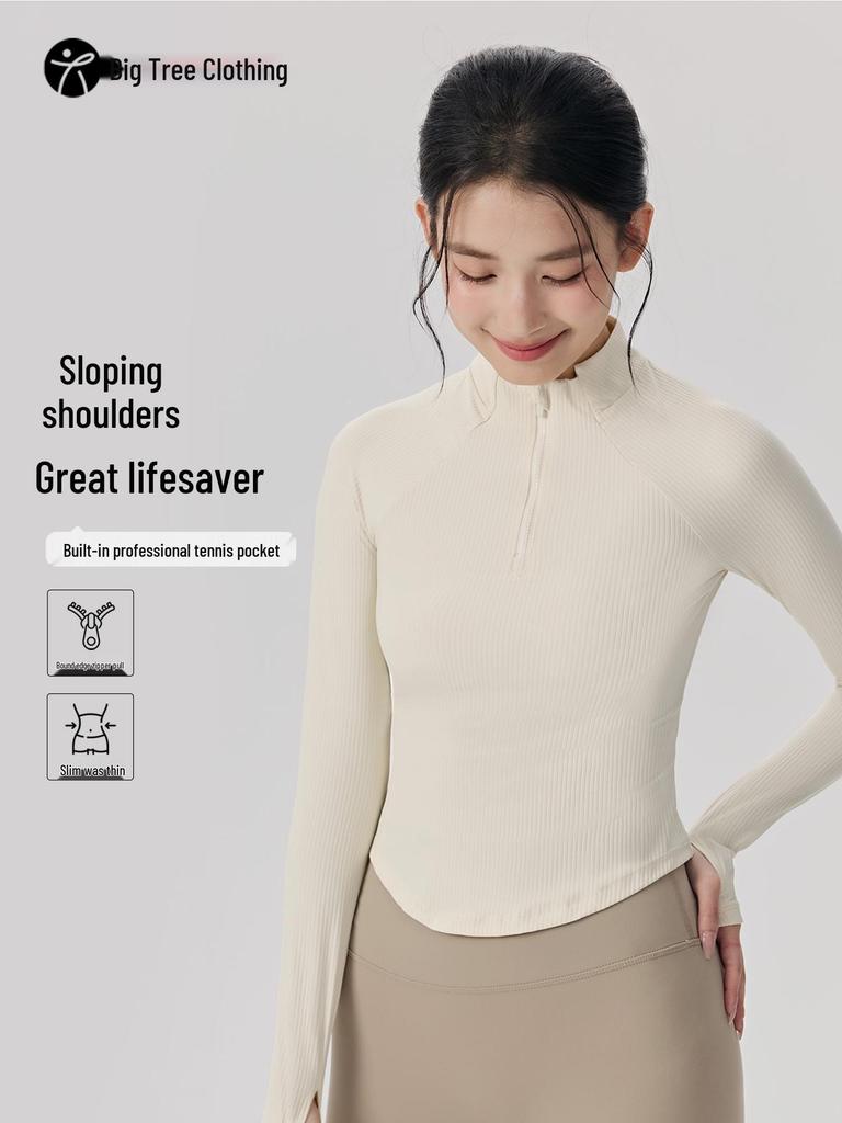 Ladies' Slim-Fit Long Sleeve Yoga Top: Stand Collar, Half Zip, Perfect for Autumn/Winter Pilates & Fitness.