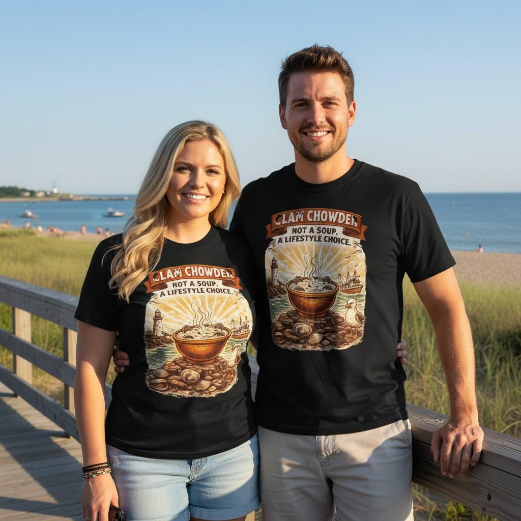 Clam Chowder Illustration Tee | Seafood Bowl, Nautical Harbor Scene 2XL