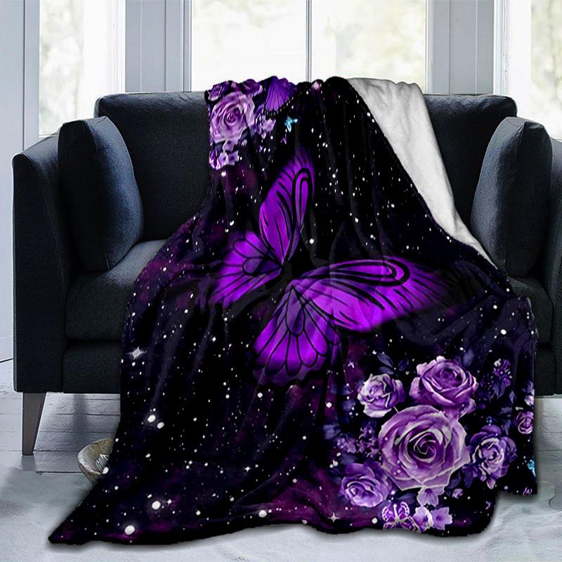 1pc Purple Butterfly & Flowers Galaxy Tapestry Wall Hanging Home Decor, Couch Throw Blanket, Outdoor Blanket .W065