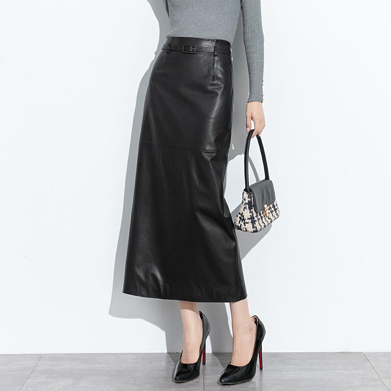 Women's Korean Style Lambskin Midi Skirt with Back Slit - Genuine Leather, Versatile, Hip-Hugging, One-Piece Long Skirt for Spring and Autumn.