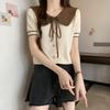 Korean Version Contrasting Doll Neck Knitted Base Shirt Women's Spring and Autumn Chic Bow Tie Short Top