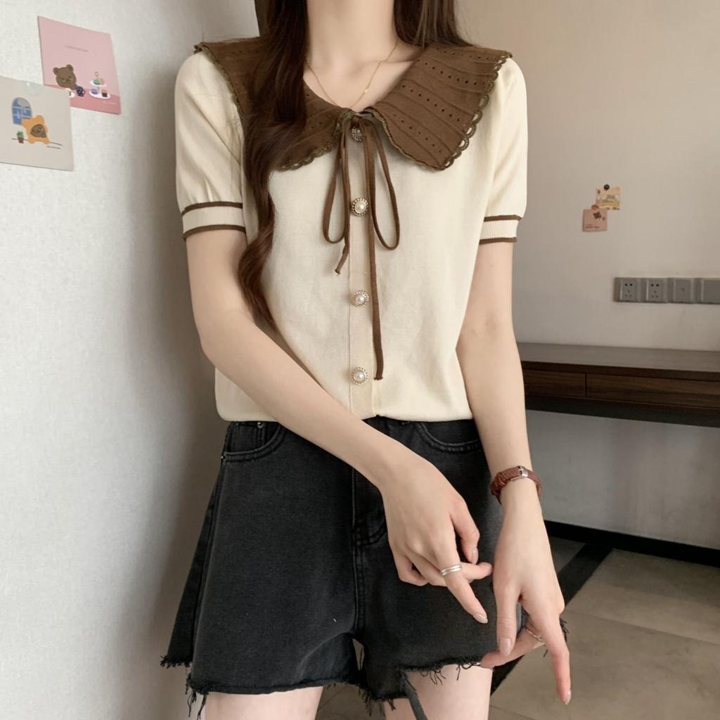 Korean Version Contrasting Doll Neck Knitted Base Shirt Women's Spring and Autumn Chic Bow Tie Short Top