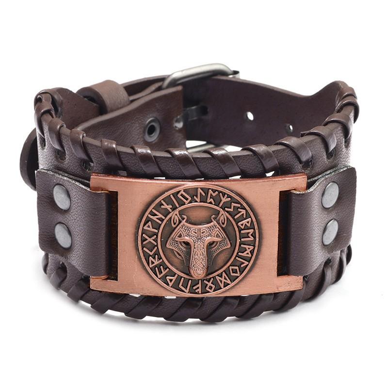 HNSP Wolf Rune Wrap Viking Leather Bracelet For Men Vintage Wide Bracelet Male  Accessory