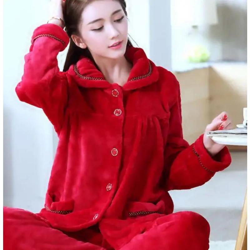 Thick Autumn Winter Warm Flannel Women Pyjamas Sets Long Sleeve Pijama Sleepwear Flannel Women Pajamas Set Home Wear