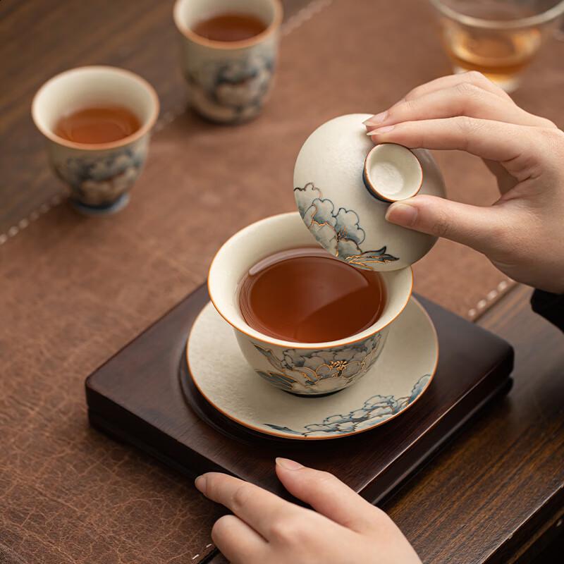 Sushi Keramik Handbemalt Blau & Weiß Pfingstrose Gaiwan