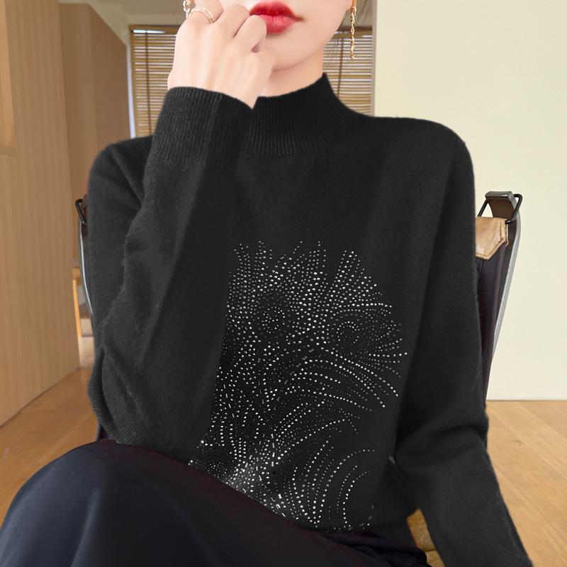 Autumn and Winter Pullover Sweater Women's Round Neck Knitted Bottoming Shirt Hot Drilling Slimming Sweater