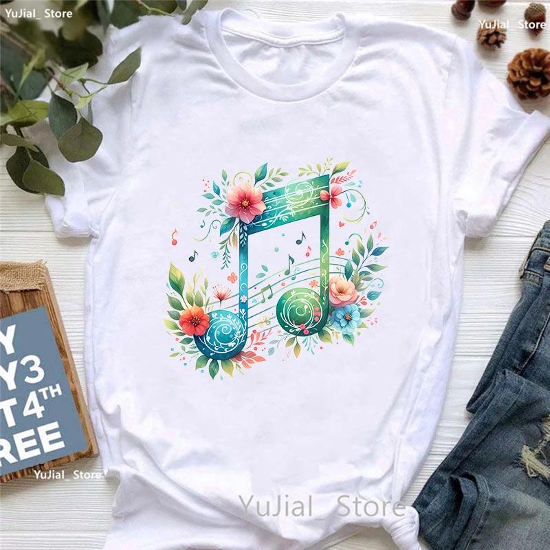 Watercolor Music Note Flowers Print T Shirt Girls Summer Fashion Tshirt Womem Hip Hop Tshirt Femme Harajuku Shirt Streetwear