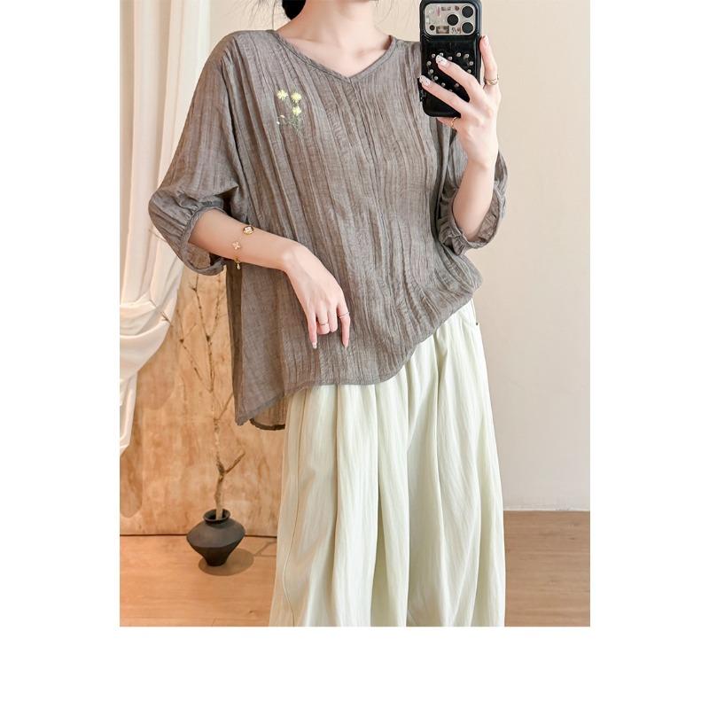 DIMANAF 2026 Summer New Plus Size Women Blouse Shirt Vintage Embroidery Loose Cotton Linen Casual Lady Tops
