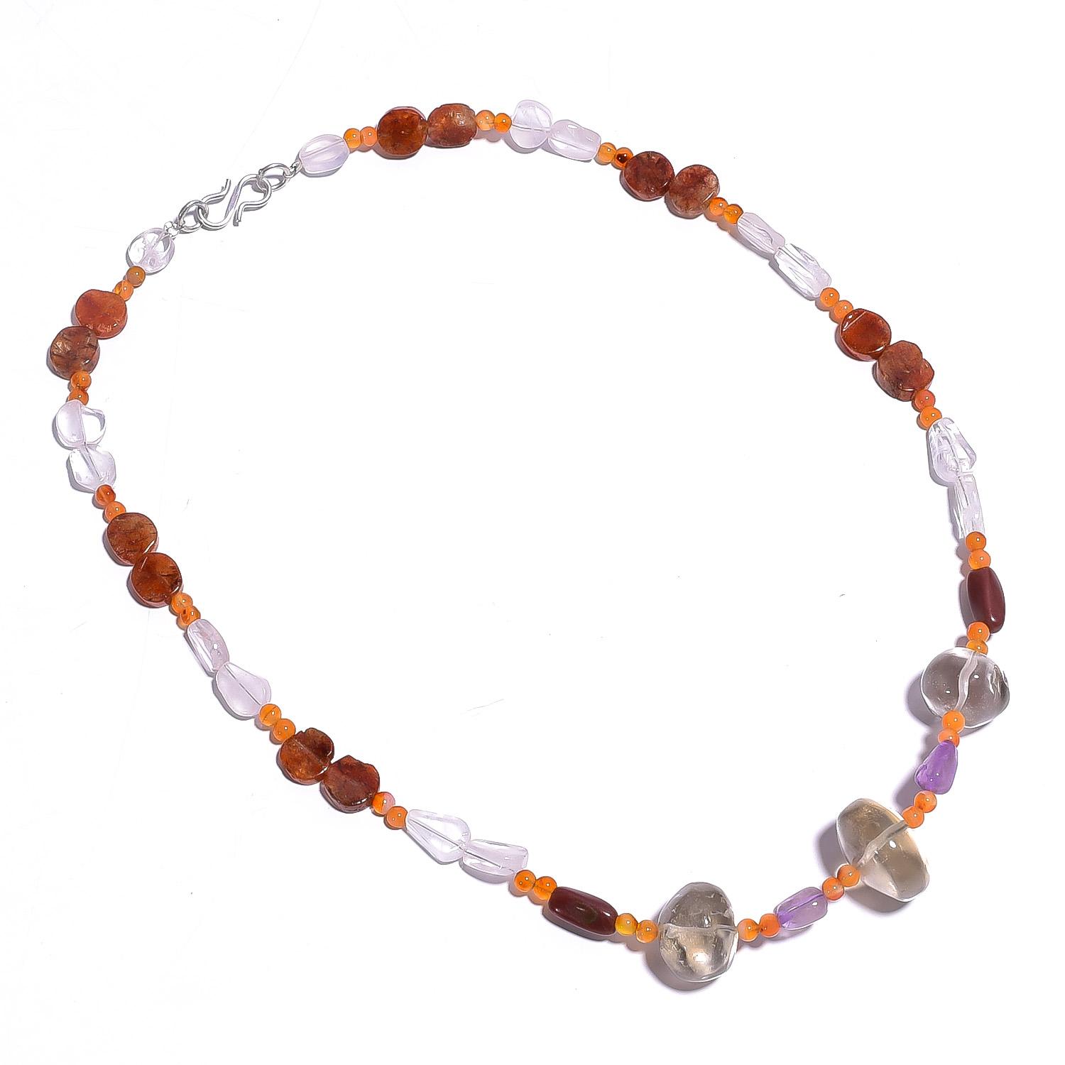 

Natural Smoky & Rose Quartz Carnelian Gemstone Smooth Beads Necklace 17 UB-4395 UB-4395