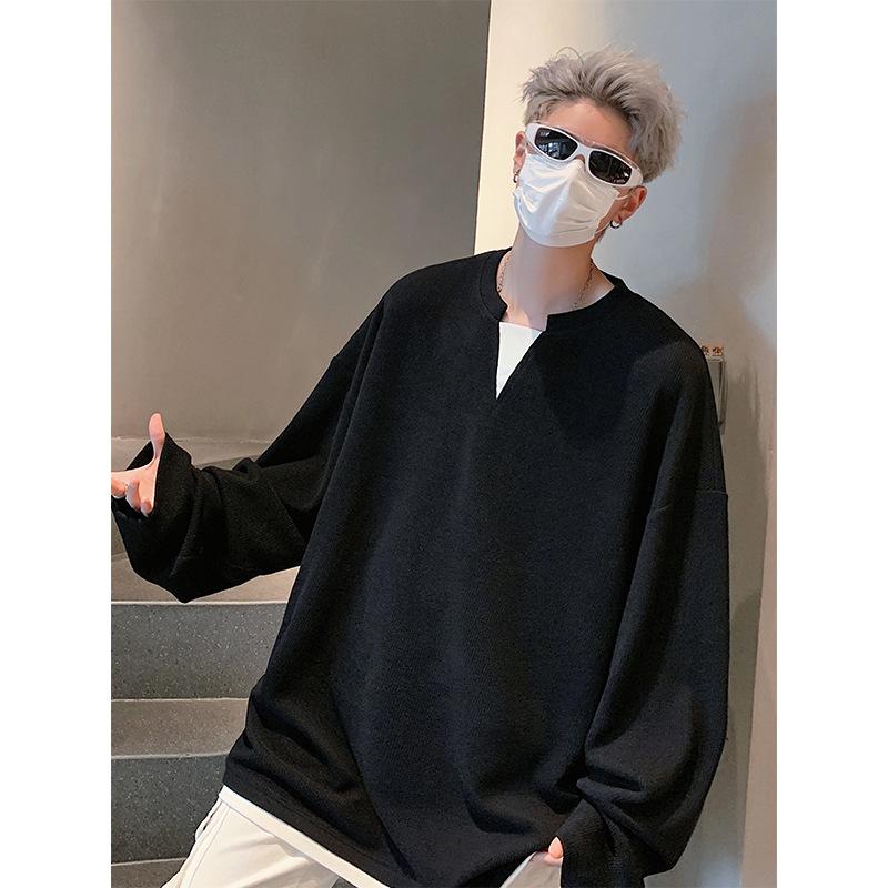 Zweiteiliges strukturiertes V-Ausschnitt-Sweatshirt für den Herbst, lässiges, trendiges Langarm-T-Shirt-Top für Herren