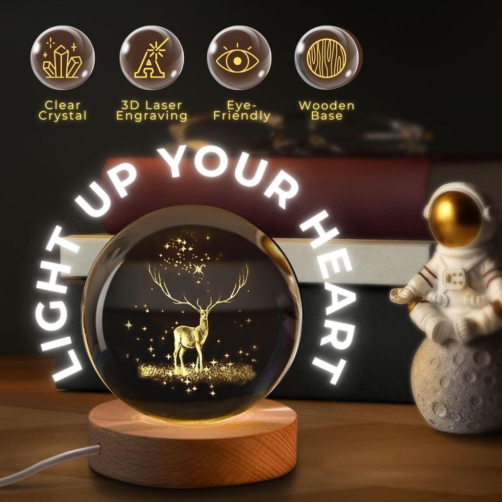 3D Engraved Deer Crystal Globe Lamp | USB LED Night Light with Wooden Base | Creative 6 cm Crystal Ball Table Lamp for Bedroom, Home, (Warm White)