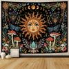 Vintage Mystical Tapestry, Golden Sun With Floral Border And Butterflies On Black Starry Background Wall Art For Aesthetic Room